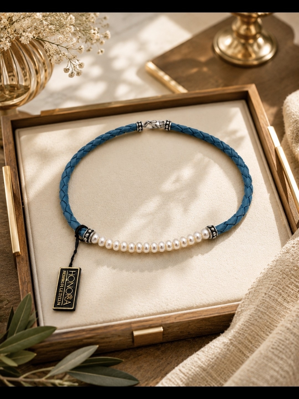Honora Teal Braided Leather Pearl Choker Necklace Nwt